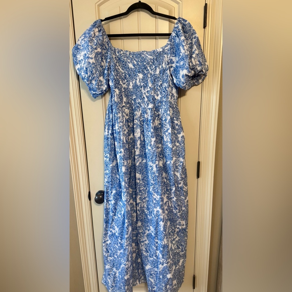 Simply Southern Blue and White Floral Smocked Dress XL